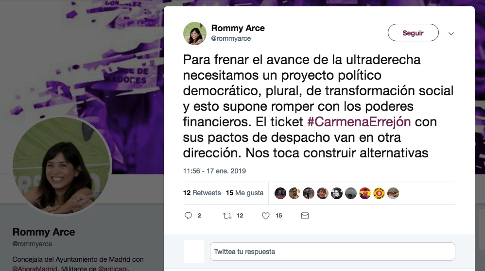 Tuit de la concejal de Ahora Madrid Rommy Arce.