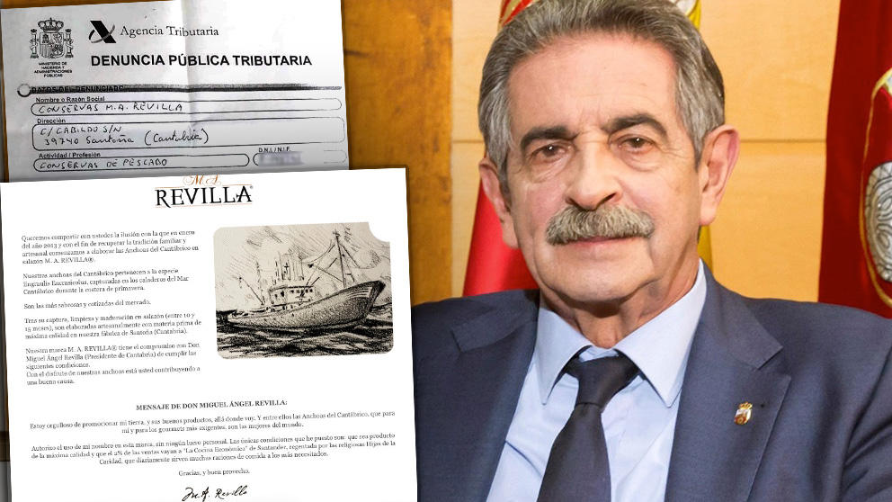 El presidente del Gobierno de Cantabria, Miguel Ángel Revilla, ante un fragmento de la denuncia y la web de la firma de anchoas que patrocina.
