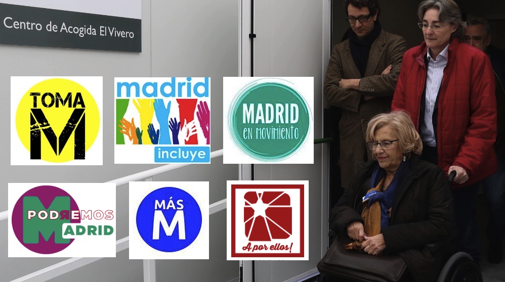 Manuela Carmena y los logos de las listas de las primarias de Ahora Madrid en 2015.
