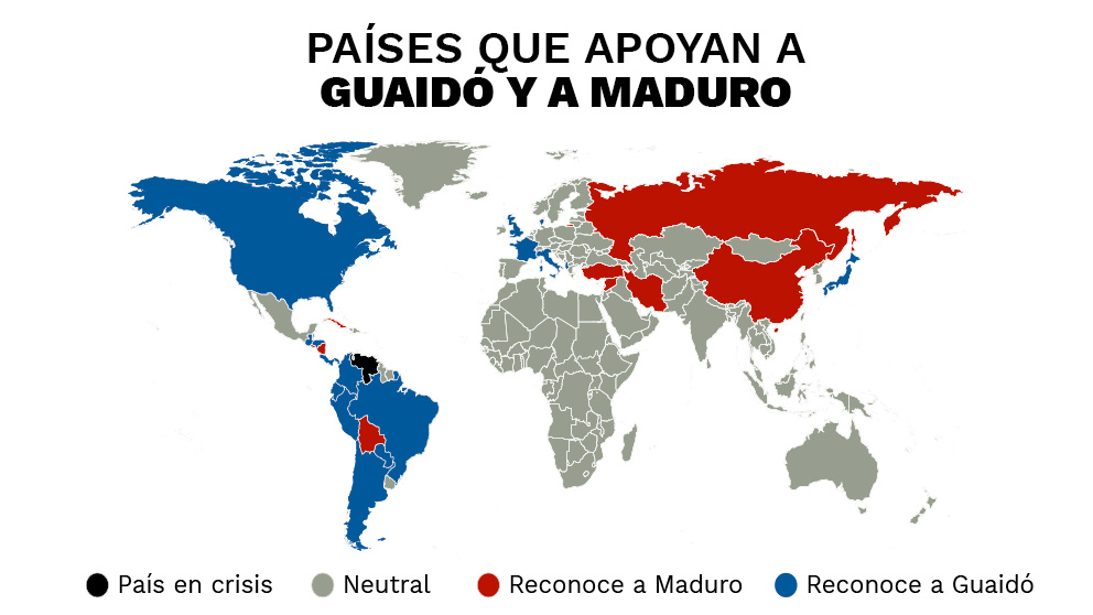 Mapa de los apoyos de Nicolás Maduro y Juan Guaidó.