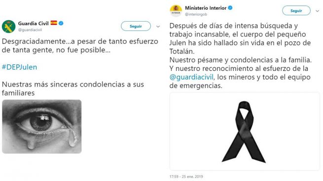La Guardia Civil y el Ministerio de Interior muestran sus condolencias por la muerte de Julen