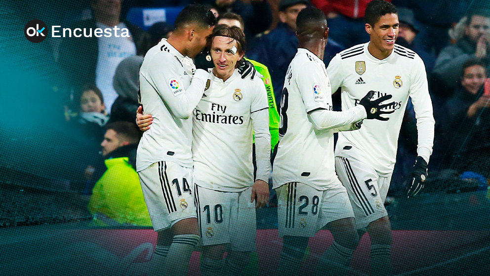 Los jugadores del Real Madrid celebran un gol en la Liga.