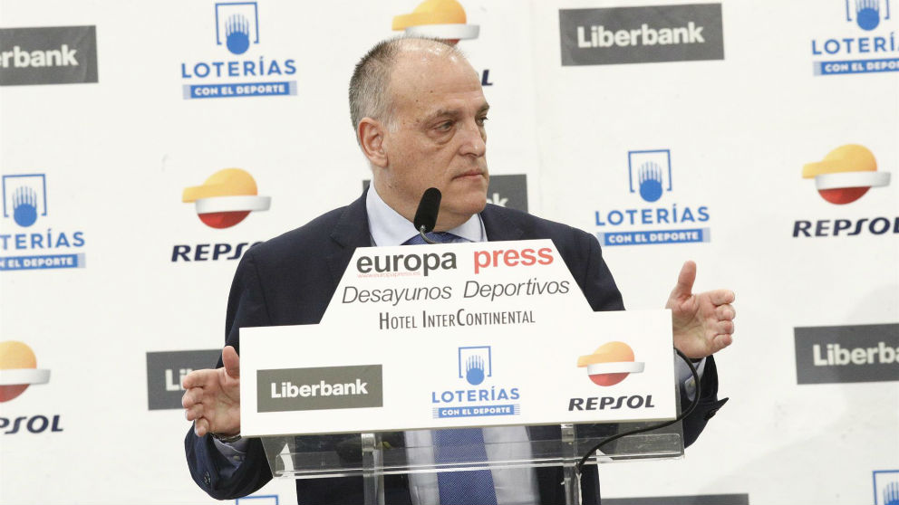 Javier Tebas, durante los desayunos de Europa Press. (Europa Press)