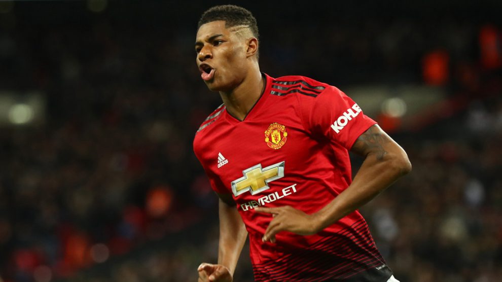 Rashford celebra un gol en un partido reciente del United (Getty).