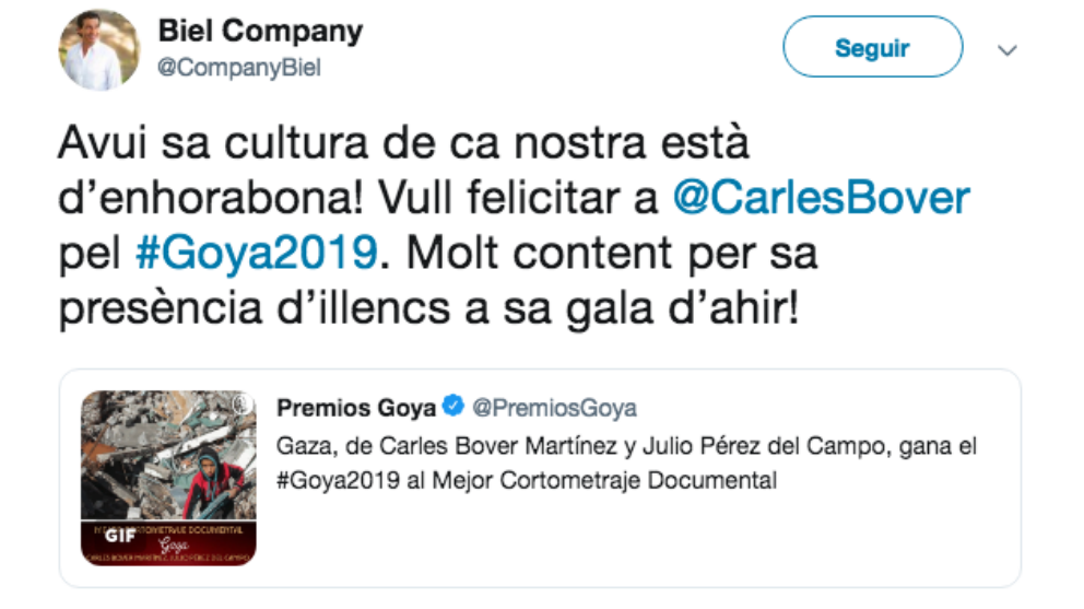 El presidente del PP de Baleares, Biel Company, felicita a los directores del documental «Gaza» que piden el boicot contra Israel.