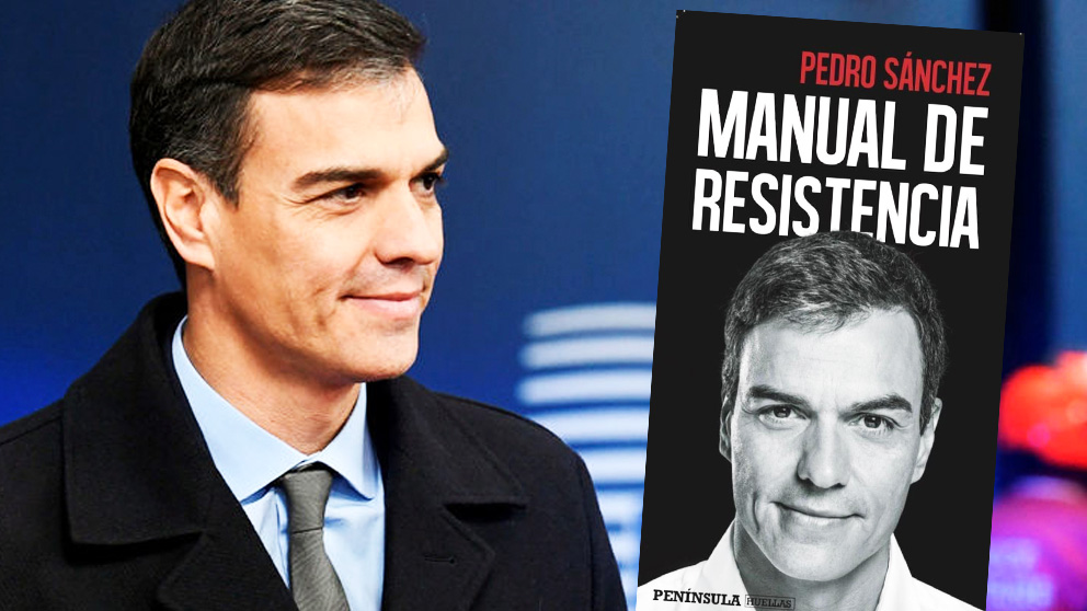 Pedro Sánchez y la portada de su libro, ‘Manual de resistencia’.
