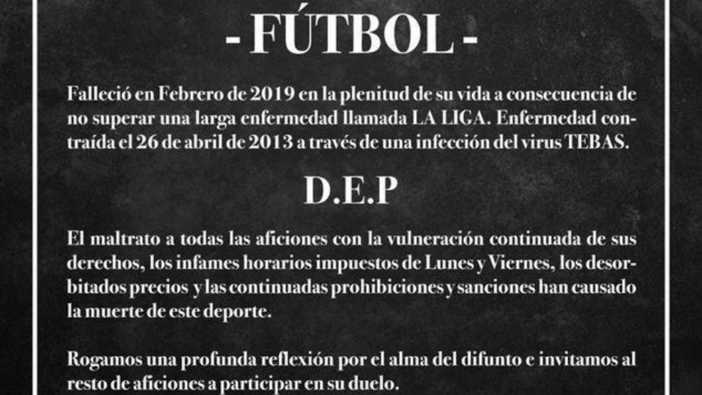 Los aficionados del Alavés publicaron una esquela por la muerte del fútbol. (Twitter)