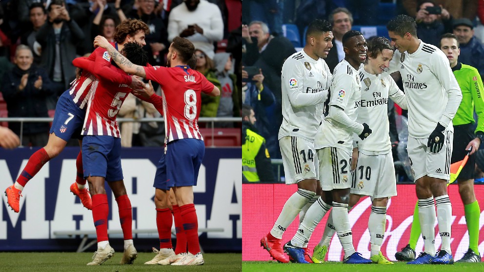 Jugadores del Atlético de Madrid y Real Madrid celebrando goles.