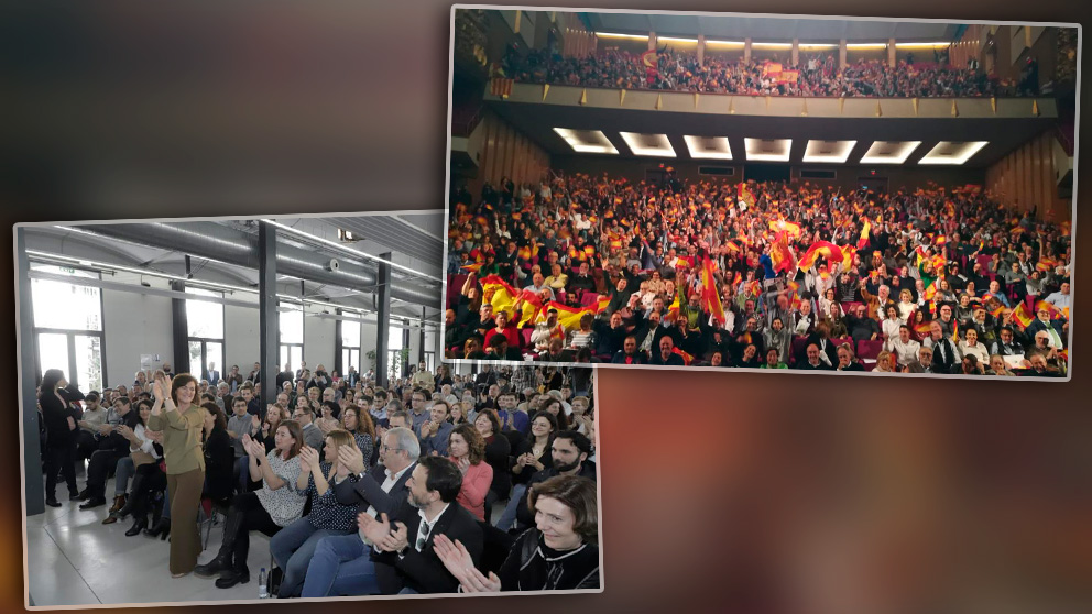 A la izquierda, el acto de Carmen Calvo y Armengol en Inca. A la derecha, cerca de 2.000 personas en el acto de Vox en el Auditorio de Palma.