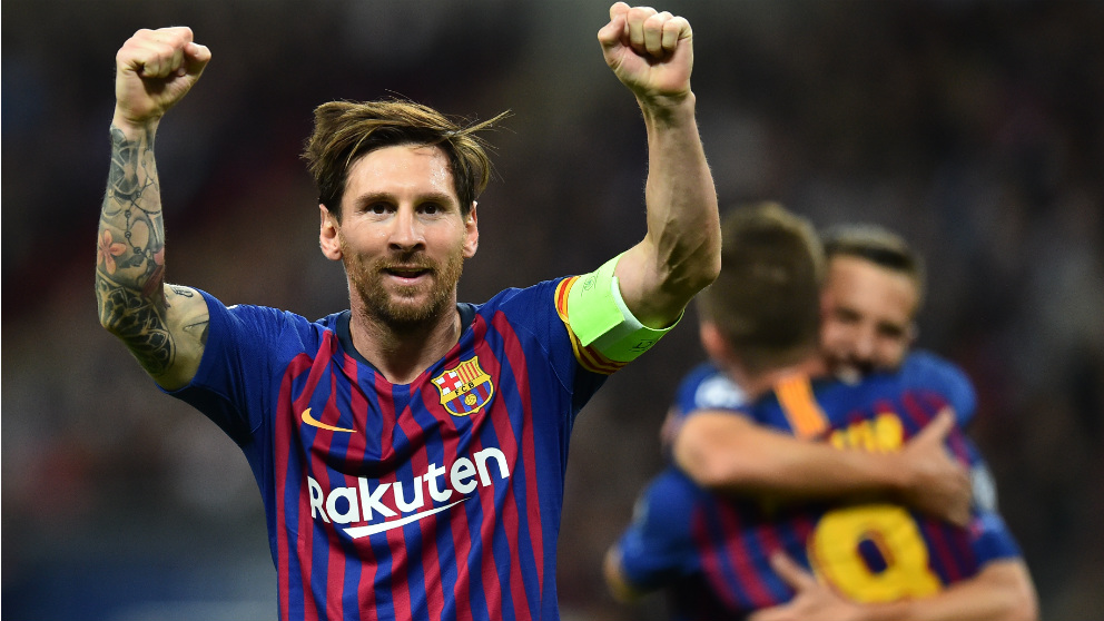 Messi celebra un tanto en un partido de Champions League. (AFP)