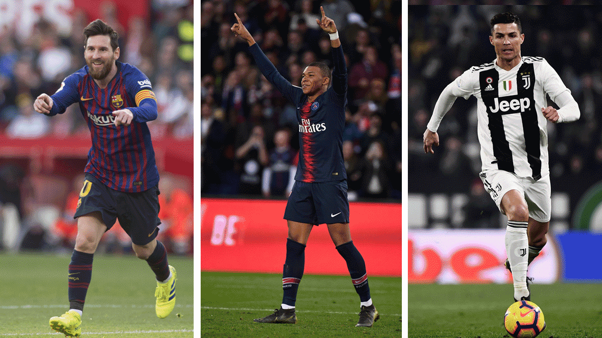 Leo-Messi,-Kylian-Mbappé-y-Cristiano-Ronaldo-ocupan-el-podio-por-la-Bota-de-Oro (AFP)