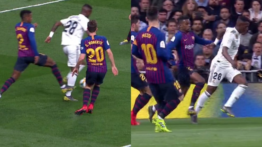 Semedo comete penalti sobre Vinicius e Sánchez Martínez no lo pita.