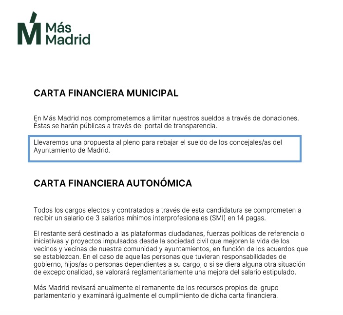 Carta Financiera de Más Madrid. (Clic para ampliar)
