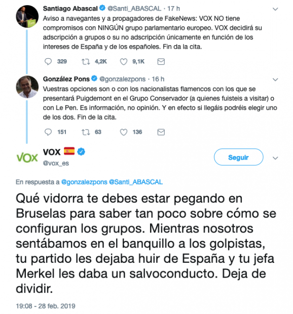 Captura Baile de tuits entre Santiago Abascal, la cuenta oficial de Vox y Esteban González Pons.  pantalla 2019-03-01 a las 13.33.09