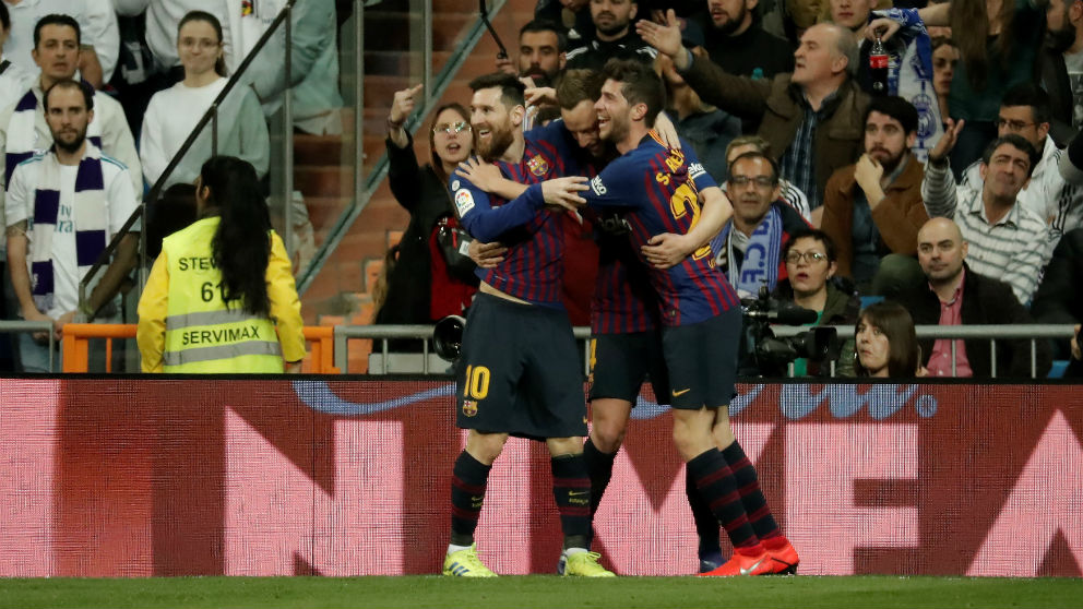 El Barcelona celebra un gol en el Bernabéu. (Getty)