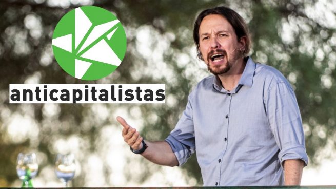 Pablo Iglesias y el logo de Anticapitalistas. (Foto. Podemos)