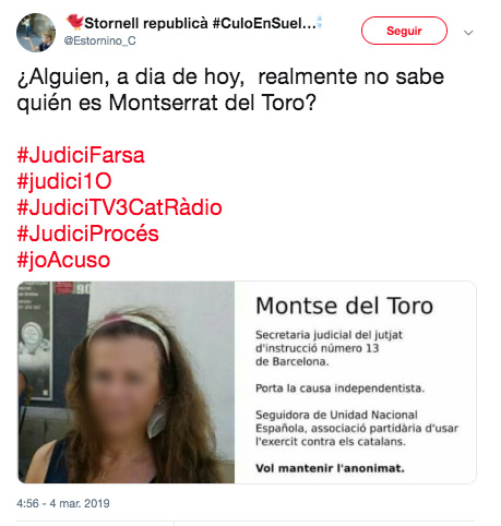Twitter España permite que los separatistas pongan en la diana a la testigo protegida por Marchena