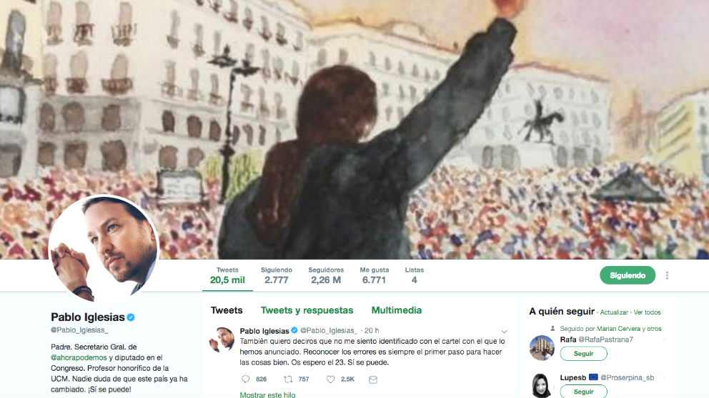 El perfil de Twitter de Pablo Iglesias en el que aparece la imagen del cartel que retiró Podemos de las redes