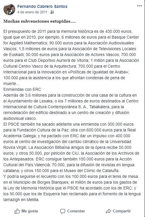Mensaje contra las subvenciones a la memoria histórica del posible nº 3 del PSOE en la localidad.