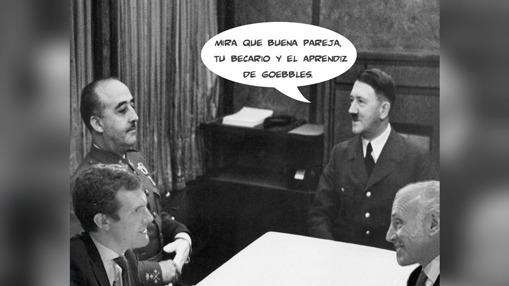 Foto difundida por el canal ‘Guerrilla’ de Podemos para comparar a Inda con Goebbels y a Casado con Franco