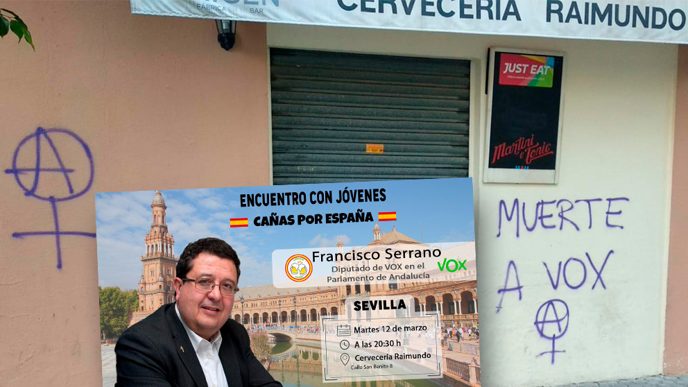 Pintadas en el el local que ‘Cañas por España’ ha elegido para celebrar un encuentro con Francisco Serrano