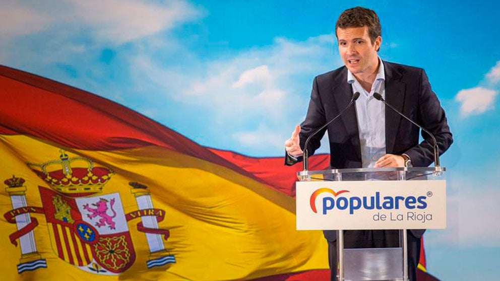 El presidente popular, Pablo Casado, interviene en el acto de presentación de las siete candidaturas del PP a los municipios de cabeceras de comarca de La Rioja. Foto: EFE