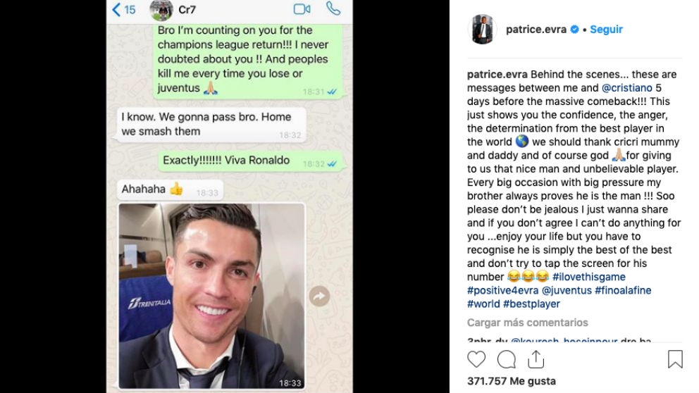 Evra hizo un pantallazo de sus mensajes con Cristiano Ronaldo.