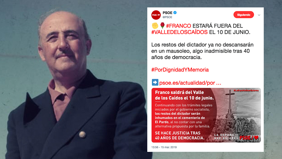Imagen de archivo del dictador Franco y el tuit que ha usado el PSOE para hacer un mitin electoral