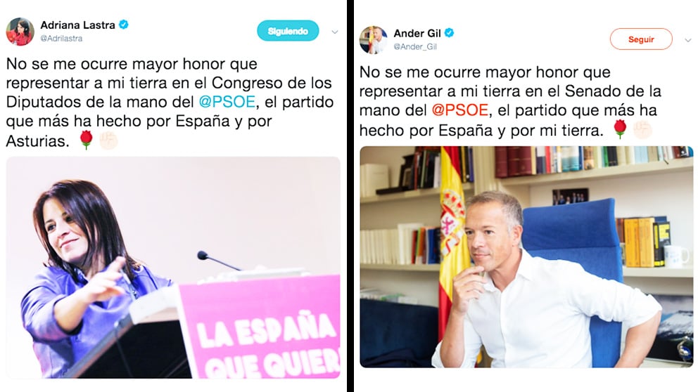 Los mensajes plagiados en Twitter de Adriana Lastra y de Ander Gil, portavoces del PSOE en el Congreso y Senado