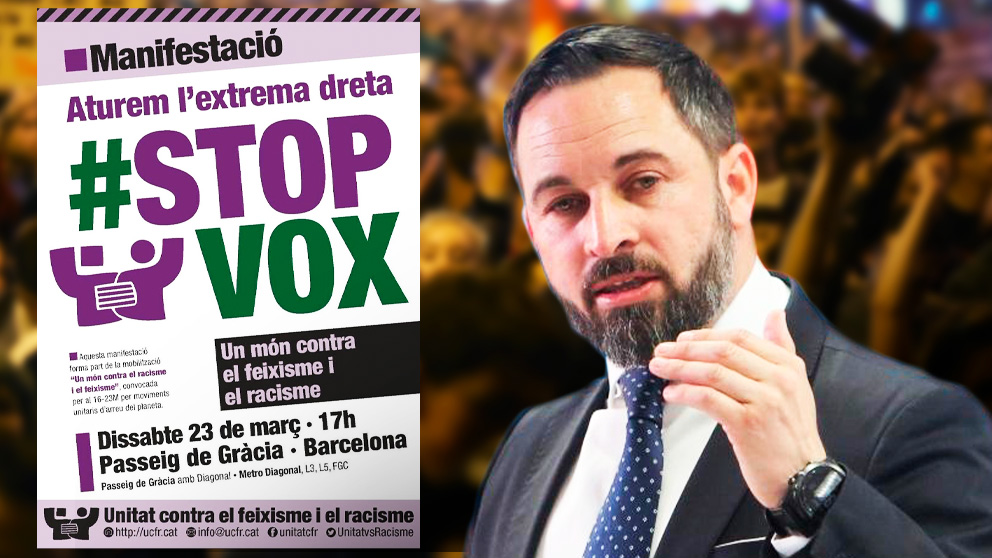 El cartel de la manifestación contra VOX y el líder de la formación verde, Santiago Abascal