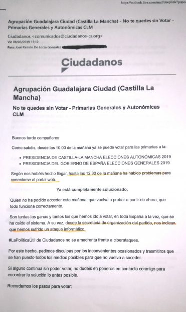 Correo de Ciudadanos Guadalajara a sus afiliados reconociendo que la web de votación fue hackeada.
