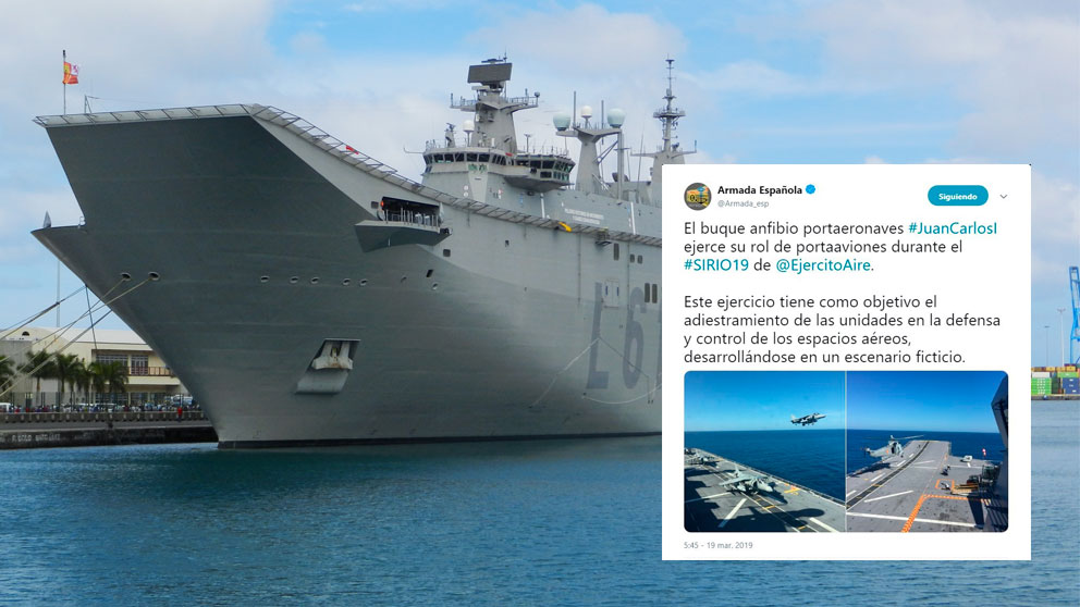 El tuit de La Armada española junto a una foto del portaviones ‘Juan Carlos I’.