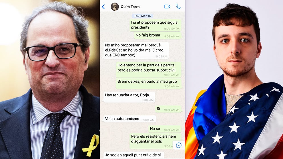 Quim Torra y Borja Vilallonga (hijo de la nueva consellera de Cultura), junto a la conversación de chat registrada el 15 de marzo de 2018.