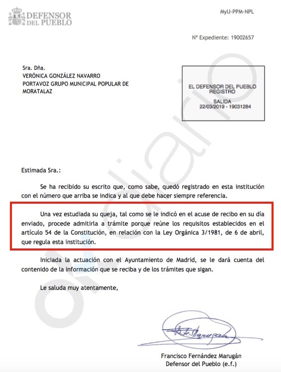 Admisión a trámite del Defensor del Pueblo.