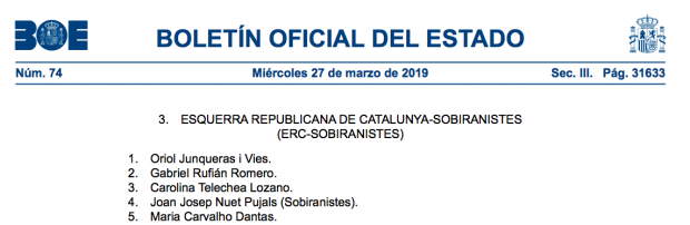 Rufián no aparece como "Juan Gabriel" en la lista provisional de ERC por Barcelona al 28A publicada en el BOE.