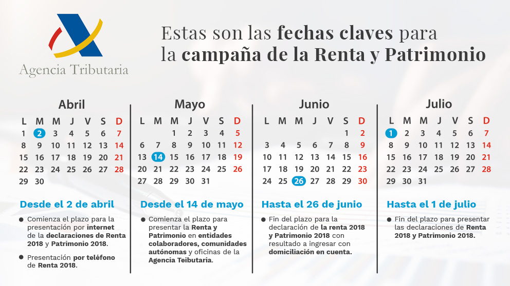 Calendario para la Declaración de la Renta 2018