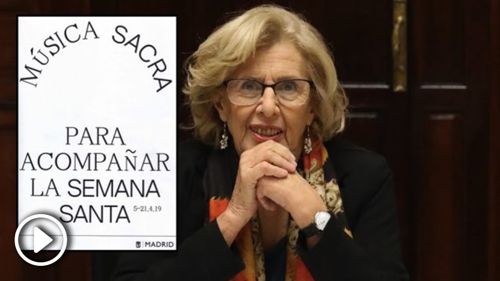 La regidora Manuela Carmena y el catel de Semana Santa 2019. (Foto. Madrid)