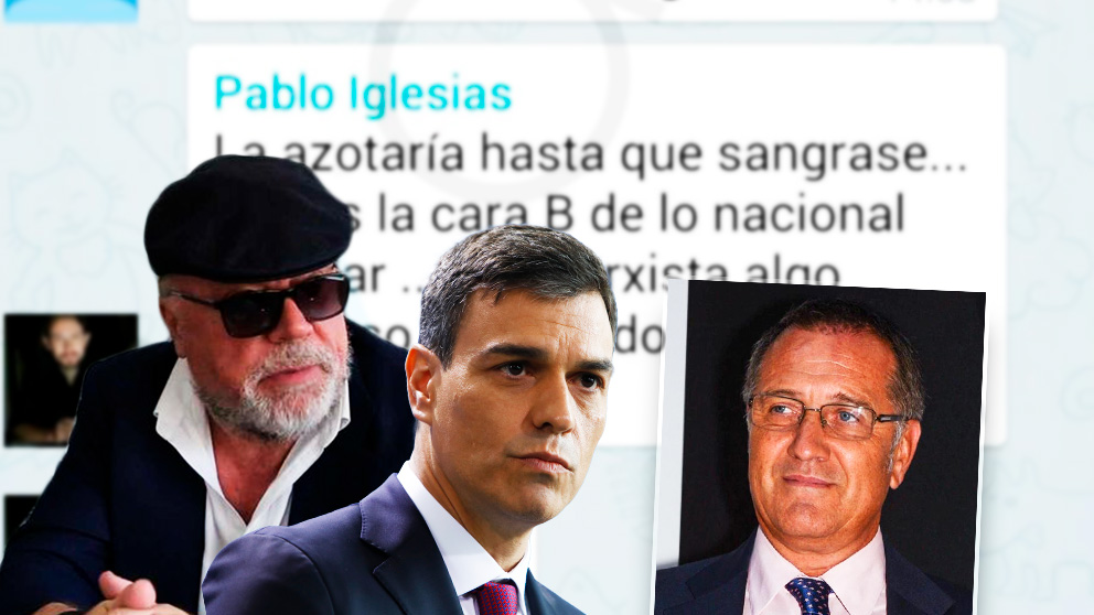 El comisario José Villarejo, el presidente Pedro Sánchez y el número 2 de su gabinete de prensa, Alberto Pozas.