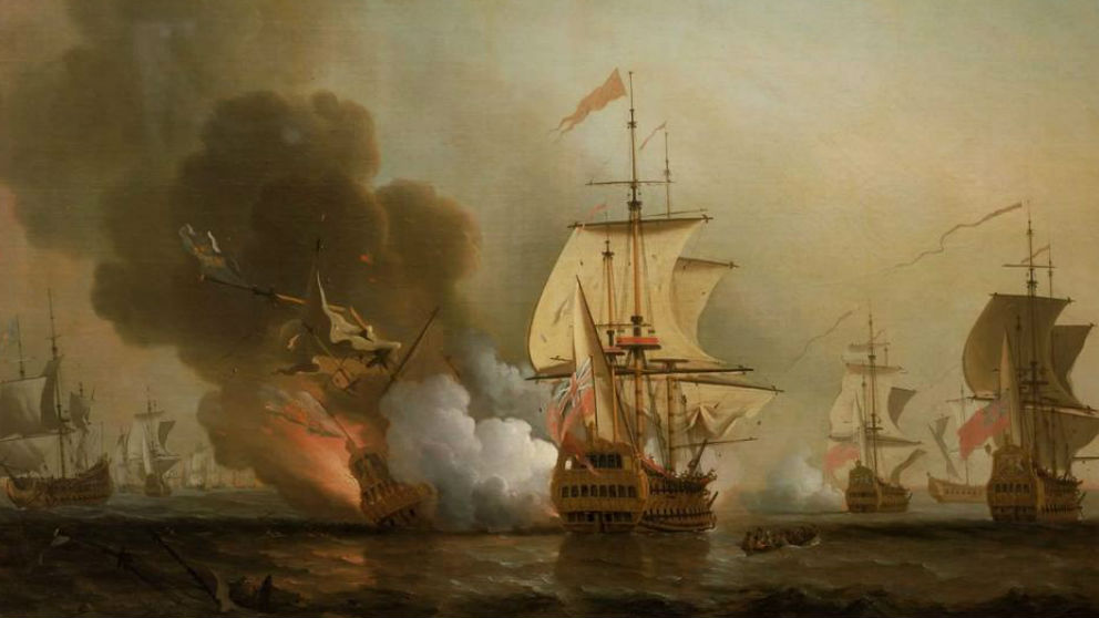 Ilustración de Samuel Scott de la explosión del galeón San José | National Maritime Museum
