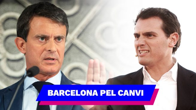 Manuel Valls y el logo de su nuevo partido 'Barcelona pel Canvi'.