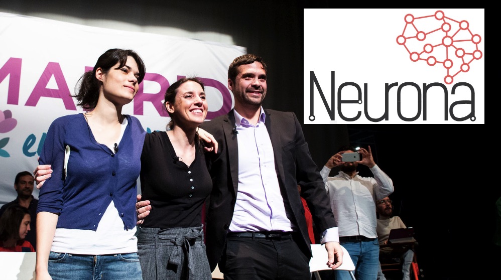 Jesús Santos, candidato a alcalde de Podemos Alcorcón, junto a Irene Montero y el logo de la consultora Neurona.