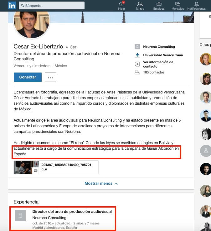 Perfil de César Andrade en LinkedIn. (Clic para ampliar)