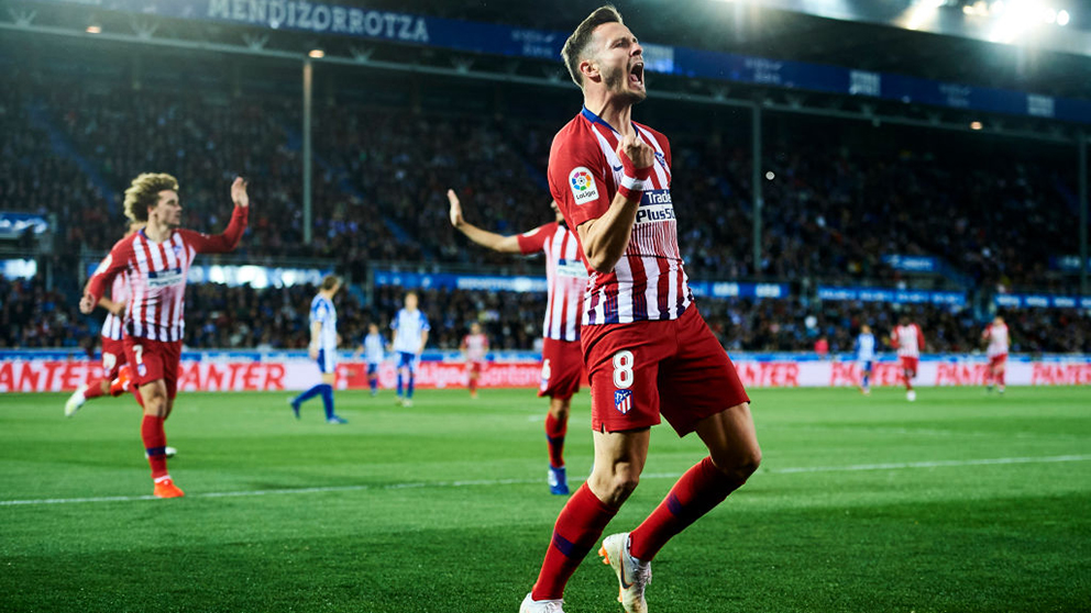 Saúl Ñíguez celebra uno de sus últimos goles con el Atlético de Madrid. (Getty)