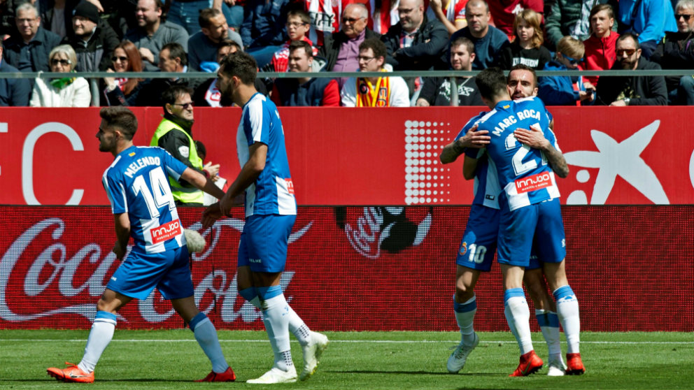 El Espanyol celebra un gol en Montilivi (EFE)