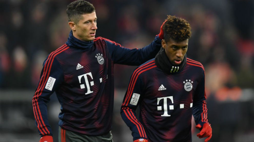 Lewandowski y Coman durante un entrenamiento con el Bayern. (AFP)