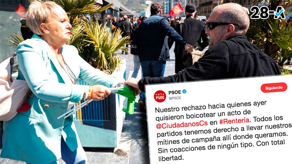 Un proetarra intentando quitar la bandera de VOX a una simpatizante y el tuit del PSOE con el que condena el acoso que sufrió Ciudadanos en Rentería