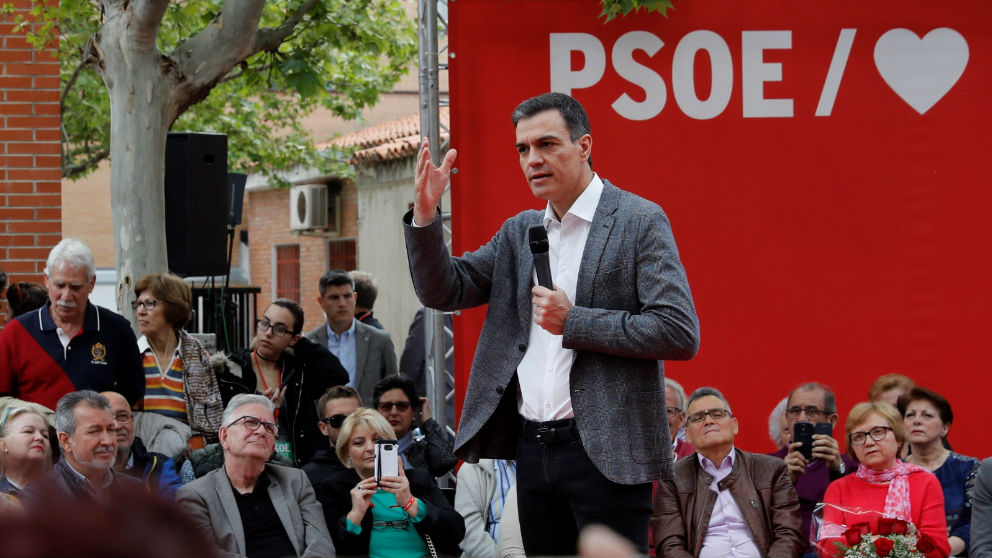 Pedro Sánchez, en un acto de campaña, este lunes.