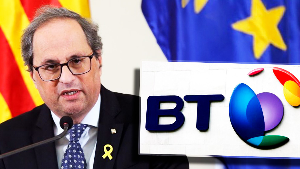 El presidente de la Generalitat, Quim Torra, y el logo de la compañía de comunicaciones BT.