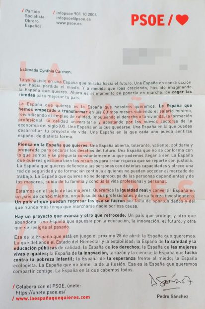 Sánchez pide el voto con cartas personalizadas diciéndole a cada español lo que quiere oír