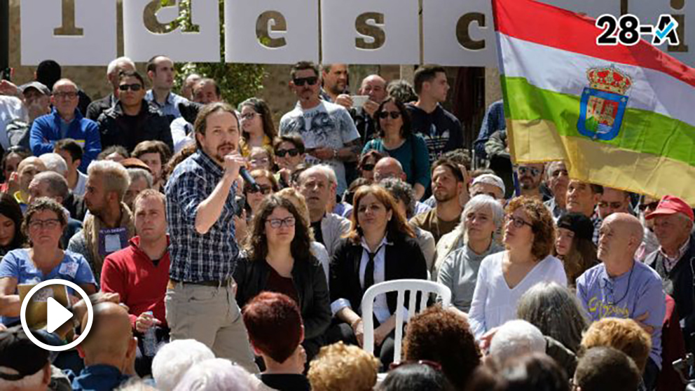El candidato de Unidas Podemos a la Presidencia del Gobierno, Pablo Iglesias, durante un acto de campaña electoral este martes en el municipio riojano de Nalda